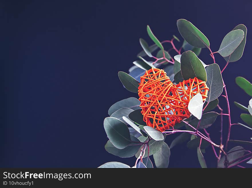 A wicker heart-shaped figure is among the foliage of a natural branch of fresh eucalyptus on a dark background.