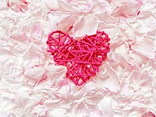 A Red Wicker Heart Shape Is Among The Fresh Petals Of A Peony. Minimalistic Floral Background For Valentine`s Day. Stock Photography