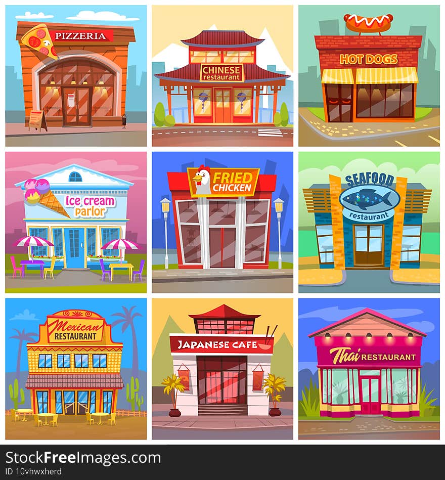 Different cafe and restaurant facade buildings. View from the street, bright color showcase