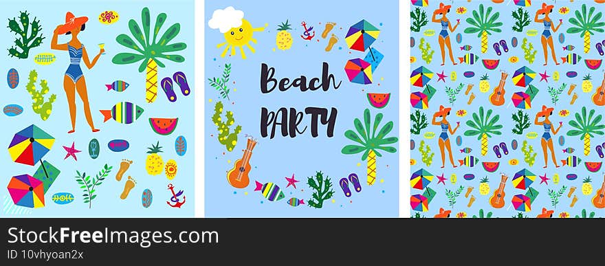 Beach party collection of backgrounds and banners, vector illustration