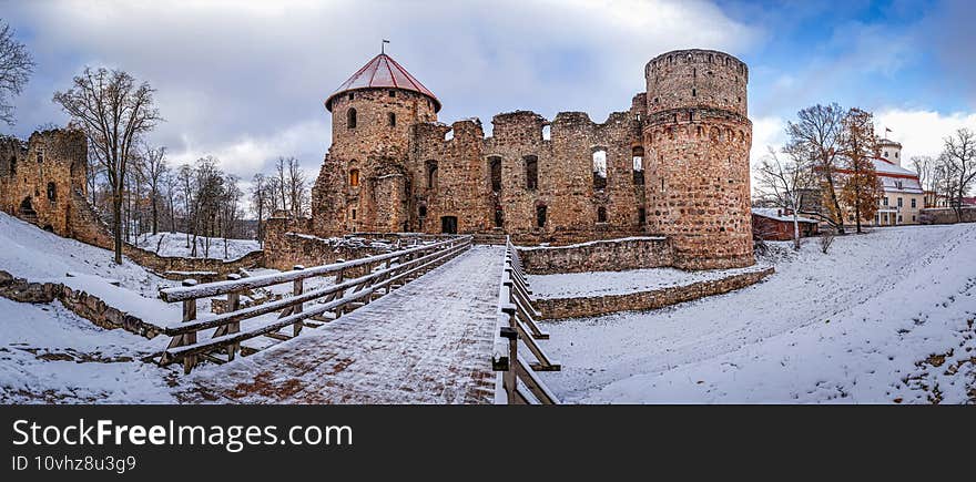 View of the ruins of the Cesis Castle. Latvia. The city of Cesis.