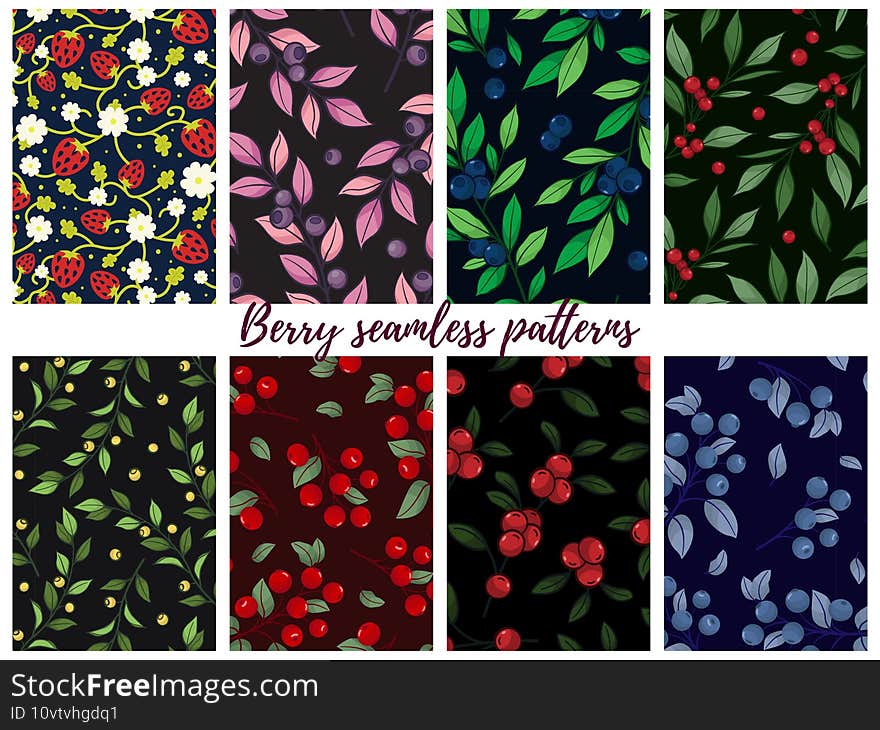 Set of berry seamless patterns on dark backgrounds.