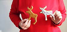 Older Woman Improvising With Homemade Cookies In The Shape Of A Deer On A Red Jumper. Natural Edible Christmas Decor Stock Photos