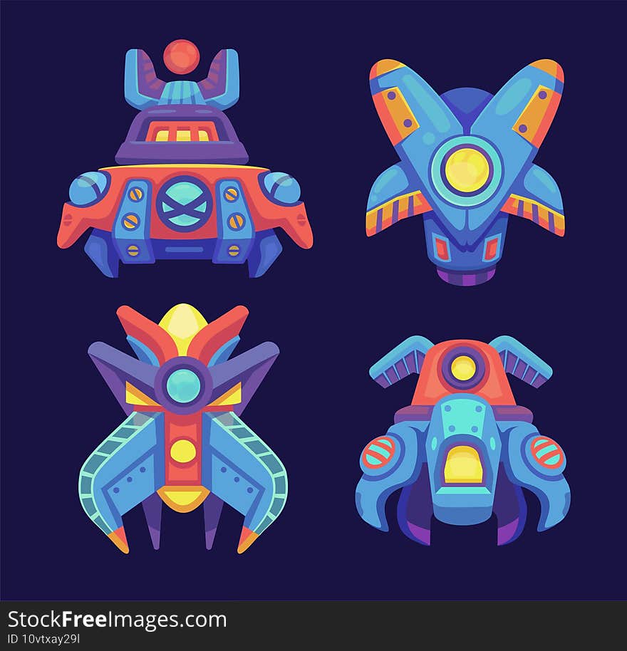 Alien space ships, ufo rockets, fantasy bizarre shuttles, computer game graphic design elements, cosmic collection of funny spaceships isolated on blue background, Cartoon vector illustration set. Alien space ships, ufo rockets, fantasy bizarre shuttles, computer game graphic design elements, cosmic collection of funny spaceships isolated on blue background, Cartoon vector illustration set