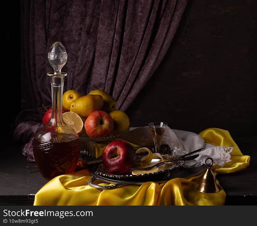 Vintage still life with fresh fruits and vine