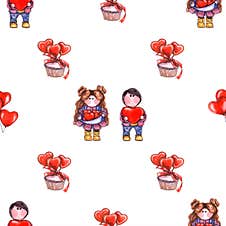 Watercolor Seamless Pattern Girl Holding Many Hearts And Boy Royalty Free Stock Images