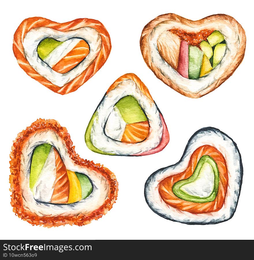 Watercolor hand drawn set of rolls in the shape of a heart isolated on white background. Japanese heart shaped food for Valentines day romantic menu concept