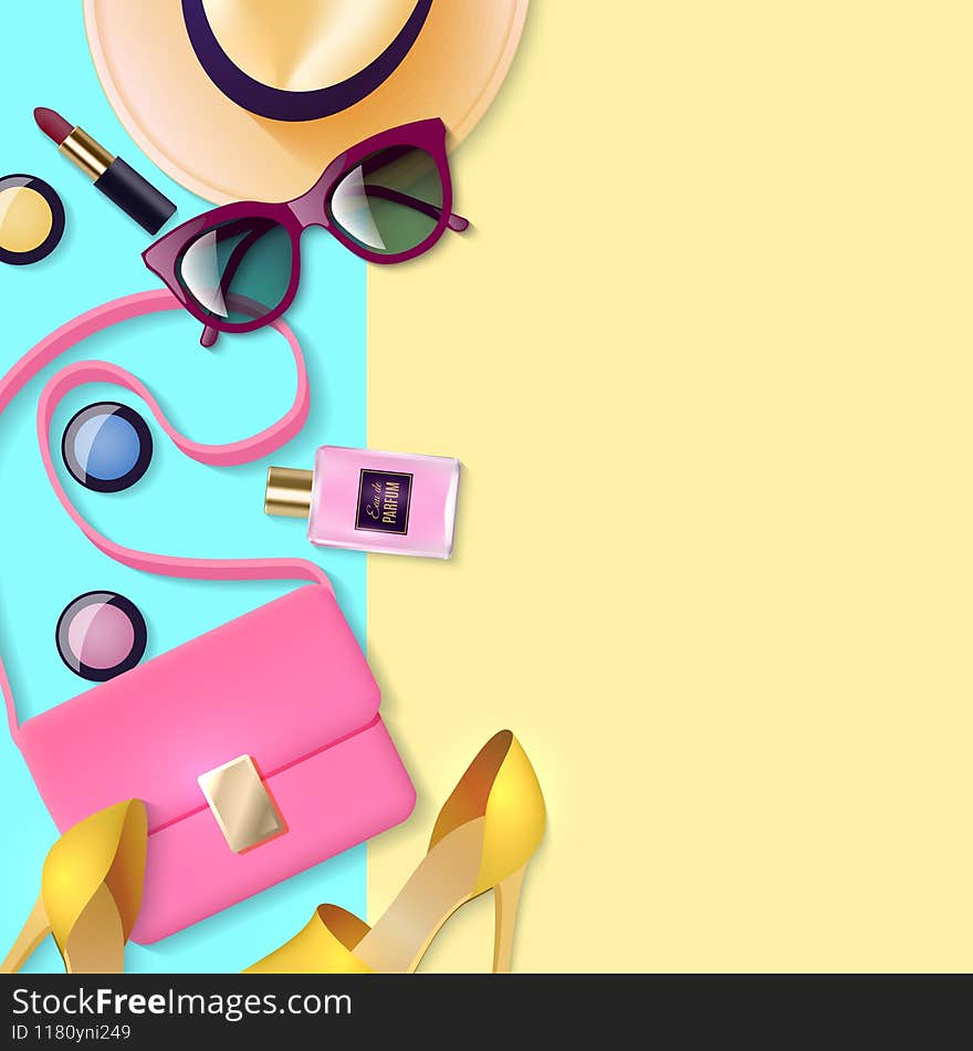 Color poster depicting lay woman accessories  with bicolour background vector illustration. Color poster depicting lay woman accessories  with bicolour background vector illustration