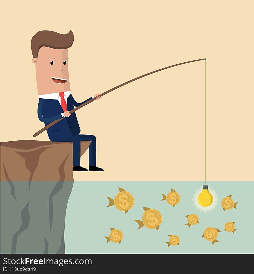 Businessman fishing dollar money. Innovation, strategy and investment concept. Idea attracting money and money attracting ideas . Vector illustration.