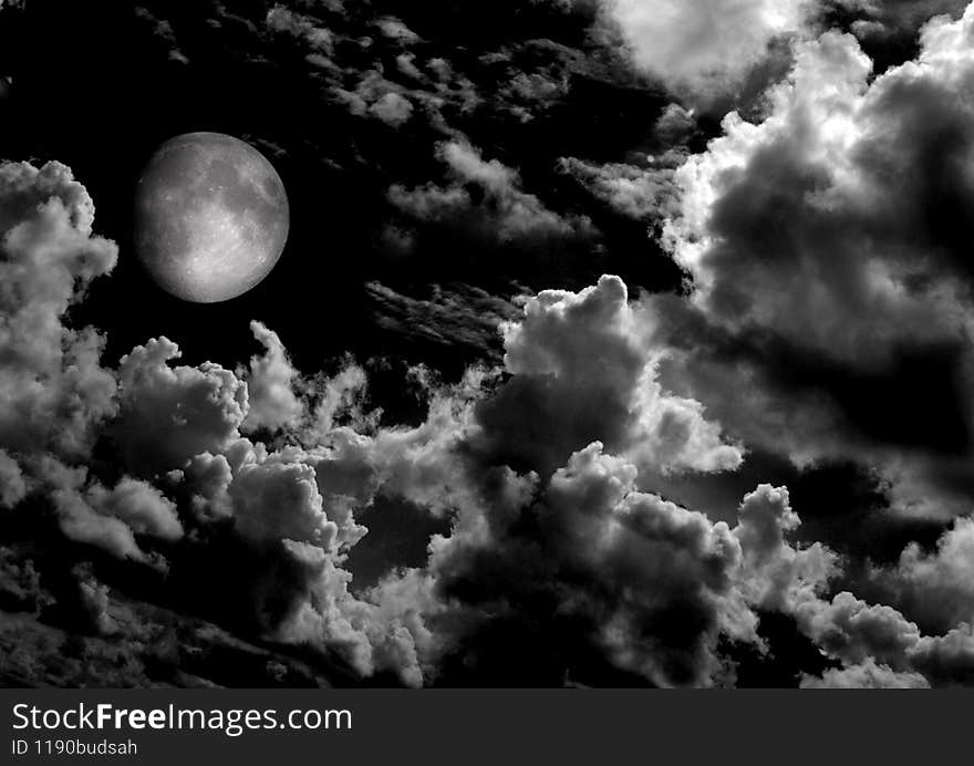The moon in the night sky in clouds 3D illustration