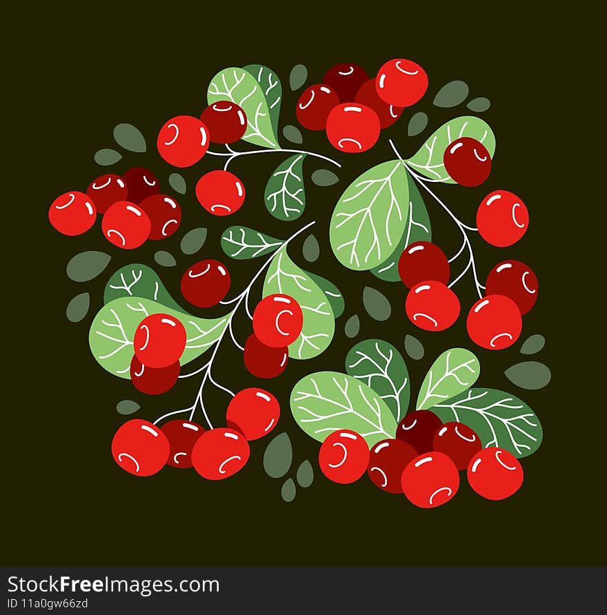 Fresh delicious ripe wild lingonberry vector flat illustration on dark background, natural diet food vegetation tasty eating