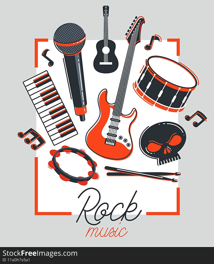 Rock music band vector poster flat illustration isolated over white background, hard rock and heavy metal live sound festival or concert flyer or advertising banner, rock n roll musical band playing