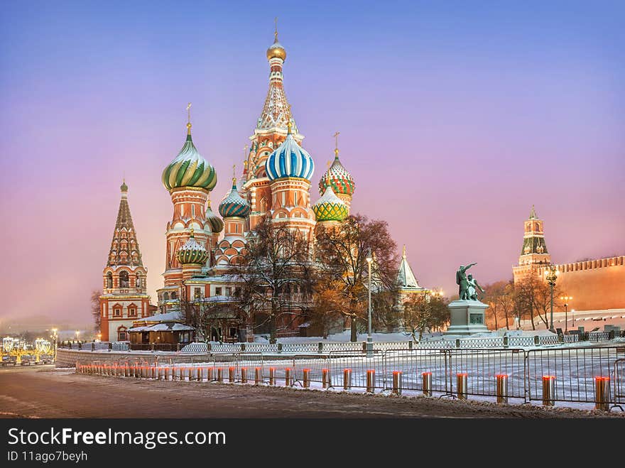 St. Basil`s Cathedral on Red Square in Moscow in the light of lanterns on a winter morning