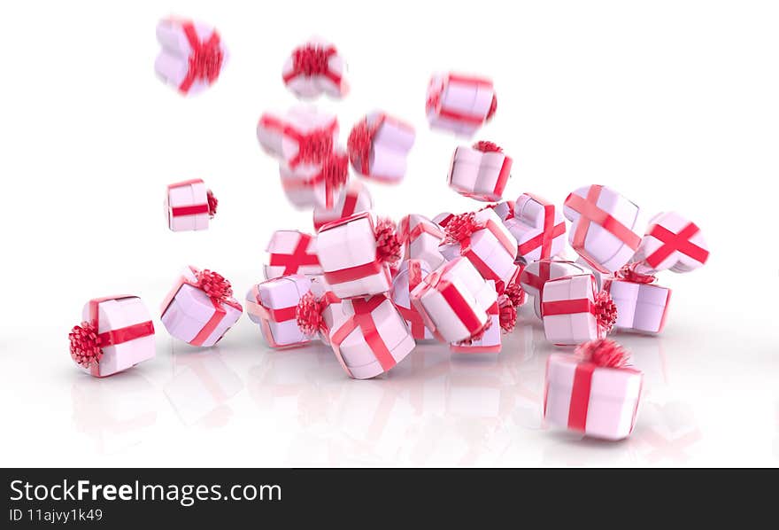 Falling hearts gift boxes isolated on white background, 3d rendering. Falling hearts gift boxes isolated on white background, 3d rendering