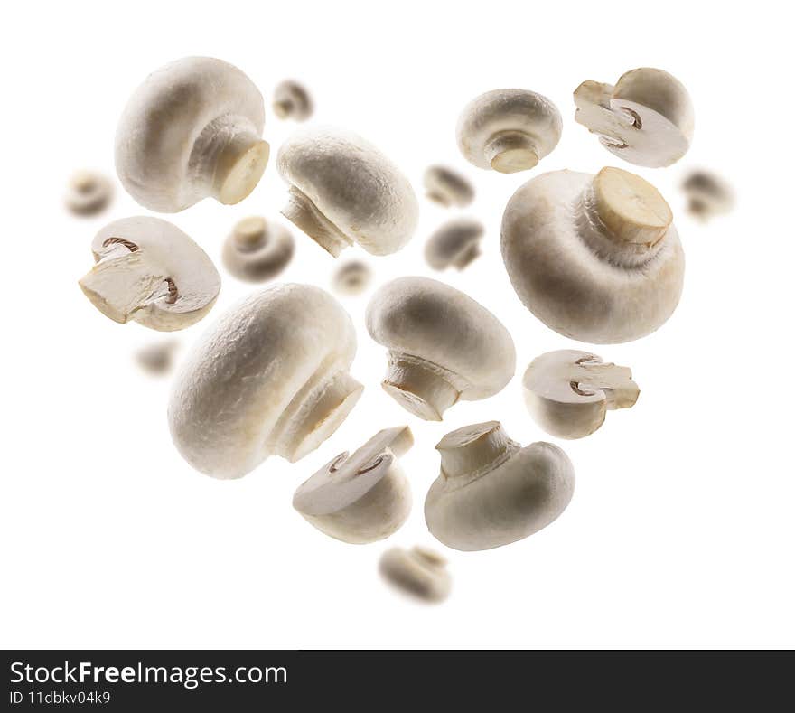 White mushrooms in the shape of a heart on a white background.