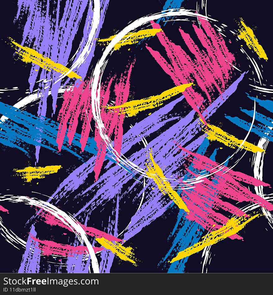 Hand-drawn seamless geometric pattern with brush strokes .Colorful stripes on black background in graffiti style.