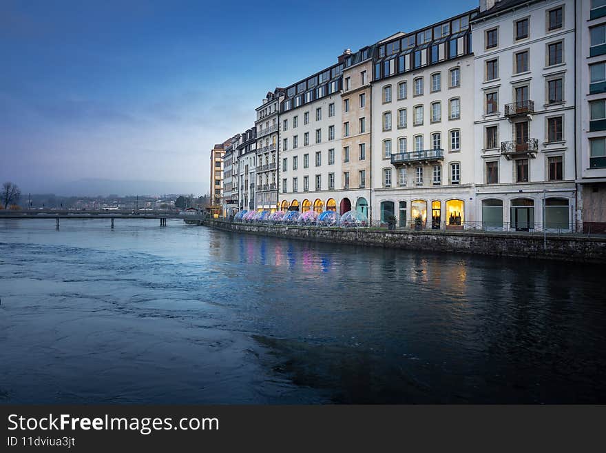 Rhone River and Geneva skyline in Geneva, Switzerland