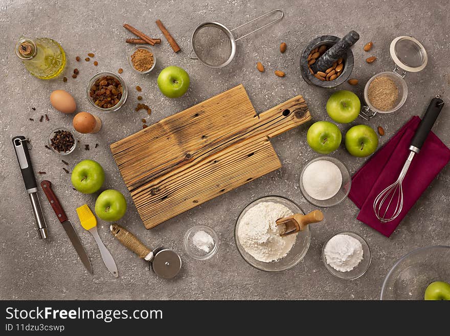 Set of ingredients for apple strudel, top view