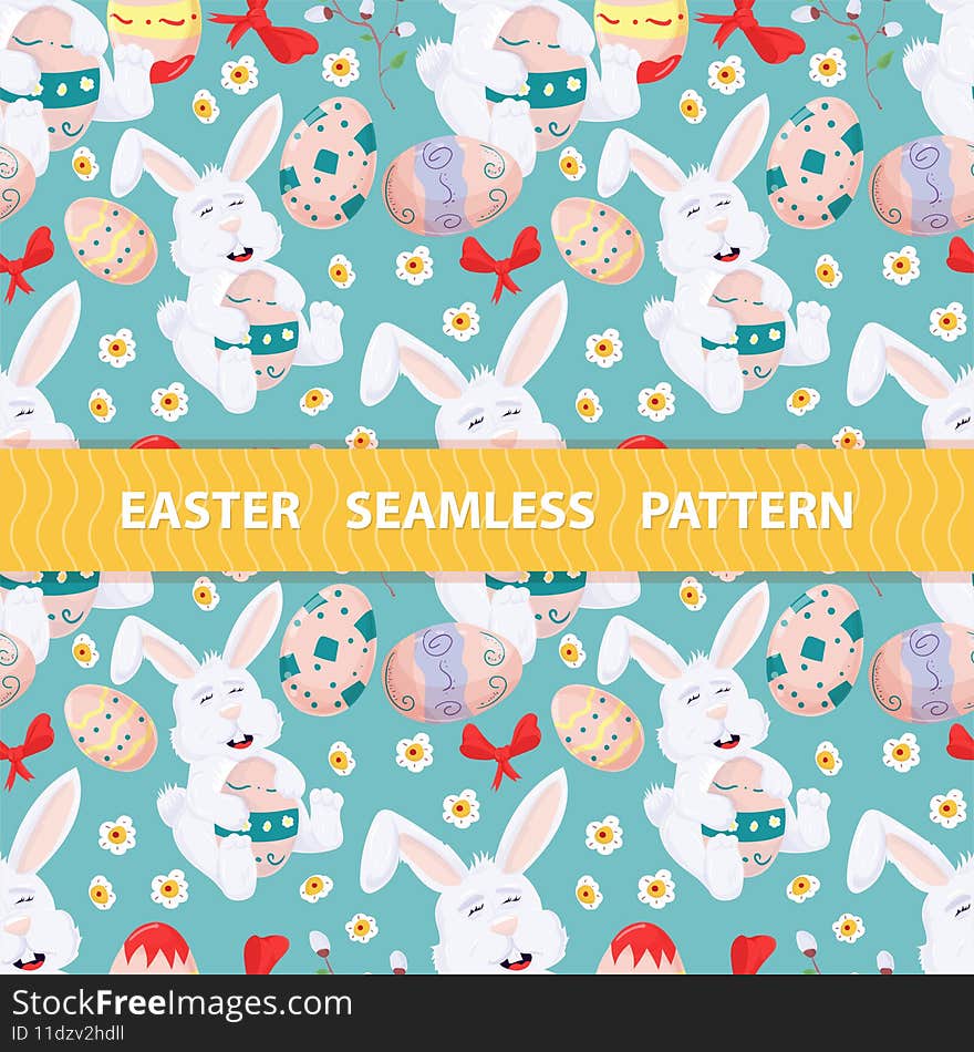 Easter seamless pattern, flat illustration in the style of childrens doodle, A rabbit sits and holds a colored egg, the drawings are arranged in random order. Easter seamless pattern, flat illustration in the style of childrens doodle, A rabbit sits and holds a colored egg, the drawings are arranged in random order