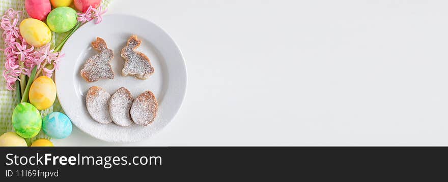 Easter Still Life Composition. Easter Eggs, Egg Pancakes And Bunnies, Pink Hyacinth. Horizontal Banner Easter Holiday