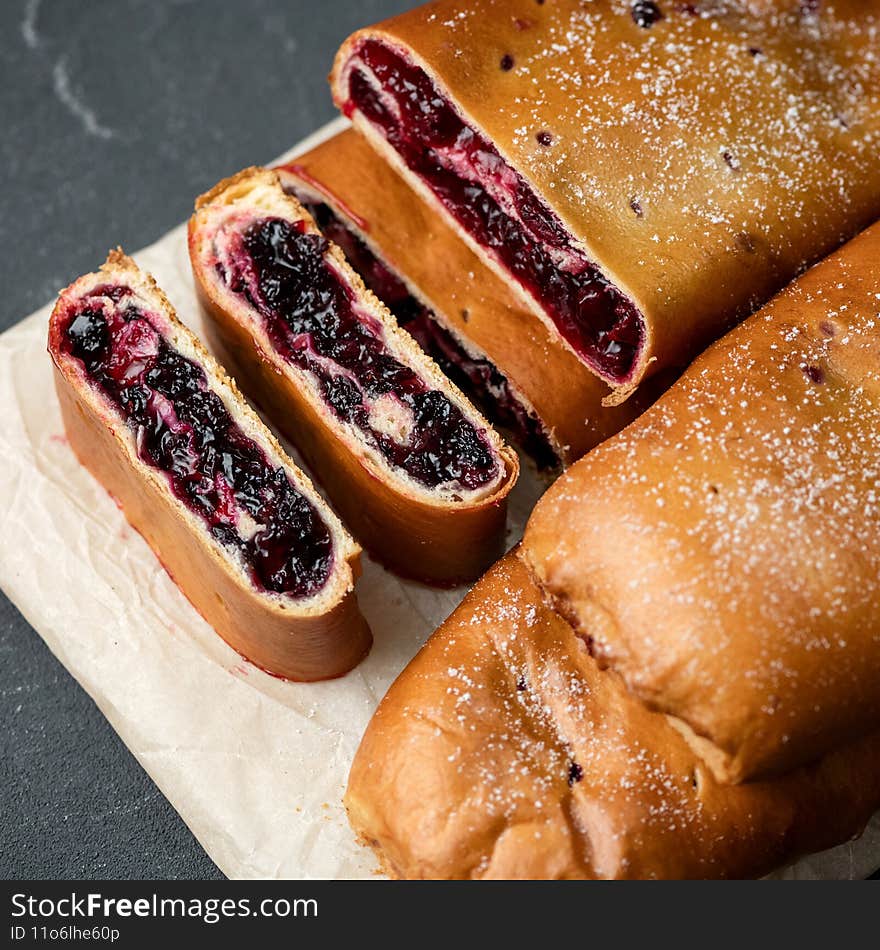 Sweet pie with red berry filling, Top view. Sweet pastries, dessert. Food concept. Square format or 1x1 for posting on