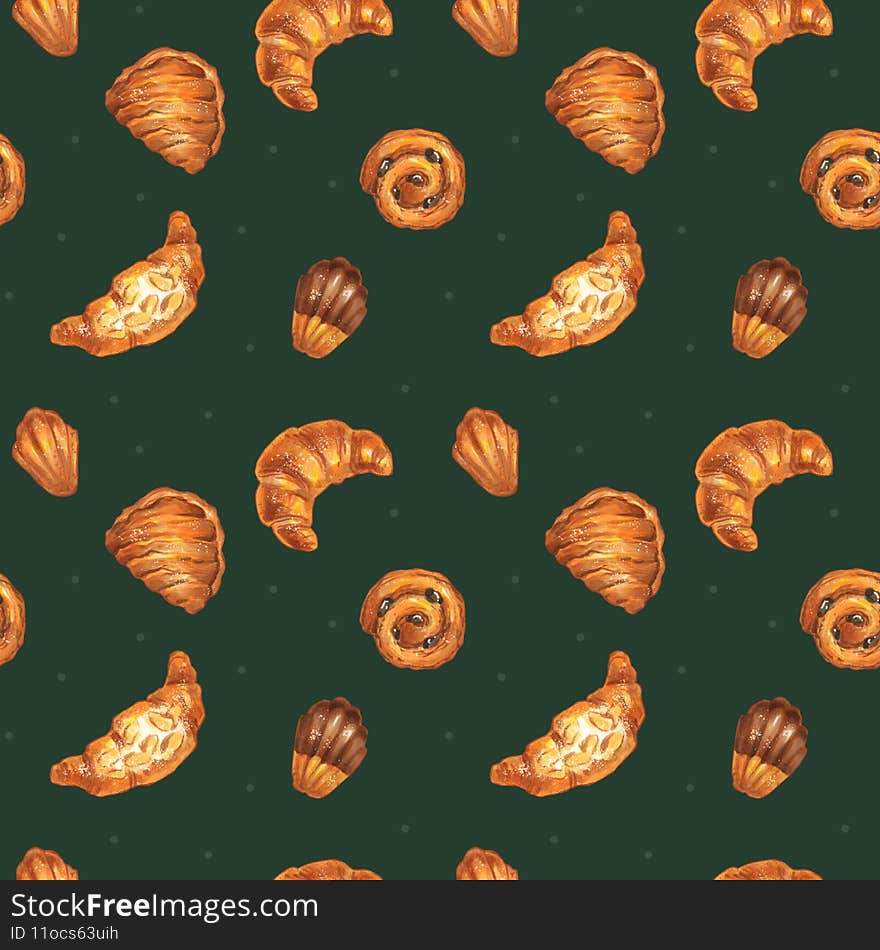 Lovely seamless bakery pattern on green background with isolated elements made of marker sketches of croissants, pastry, bakery for package, decoration, graphic design and web