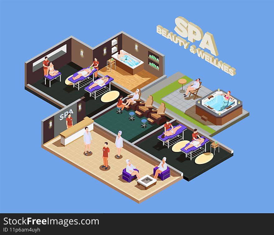 Spa center isometric composition with customers and staff various wellness services on blue background vector illustration
