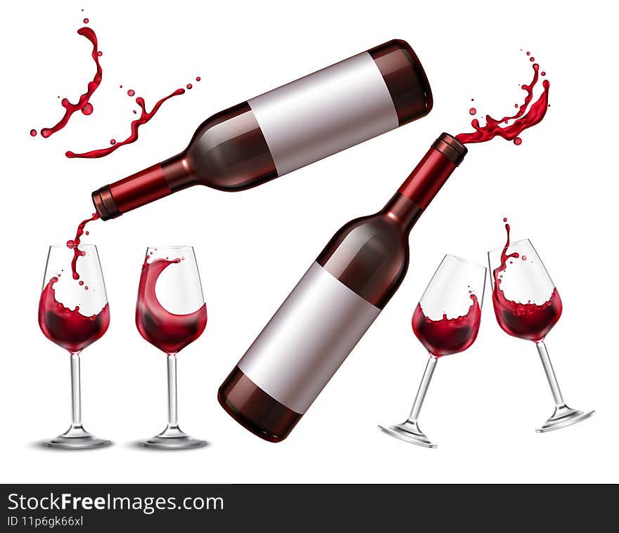 Wine splash set with realistic isolated images of drinking glasses and bottles with red wine spray vector illustration. Wine splash set with realistic isolated images of drinking glasses and bottles with red wine spray vector illustration