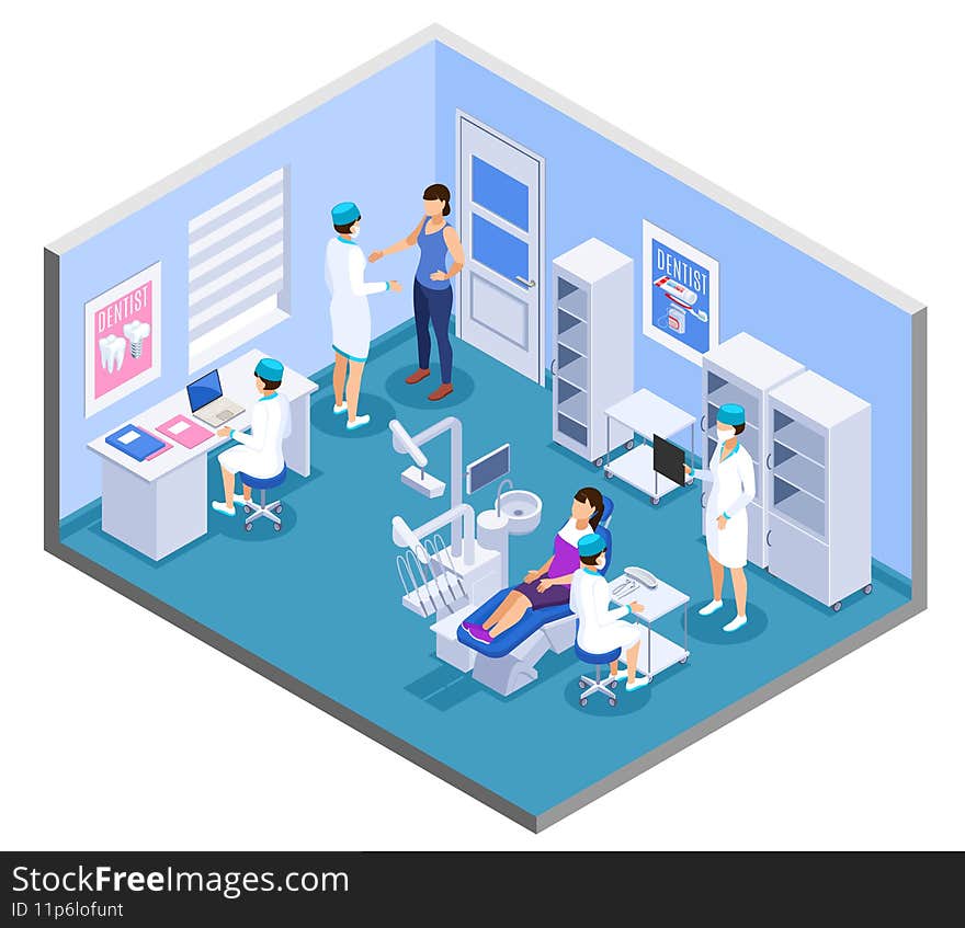 Dental clinic practice office interior isometric composition with dentist medical assistants patient treatment equipment furniture vector illustration. Dental clinic practice office interior isometric composition with dentist medical assistants patient treatment equipment furniture vector illustration