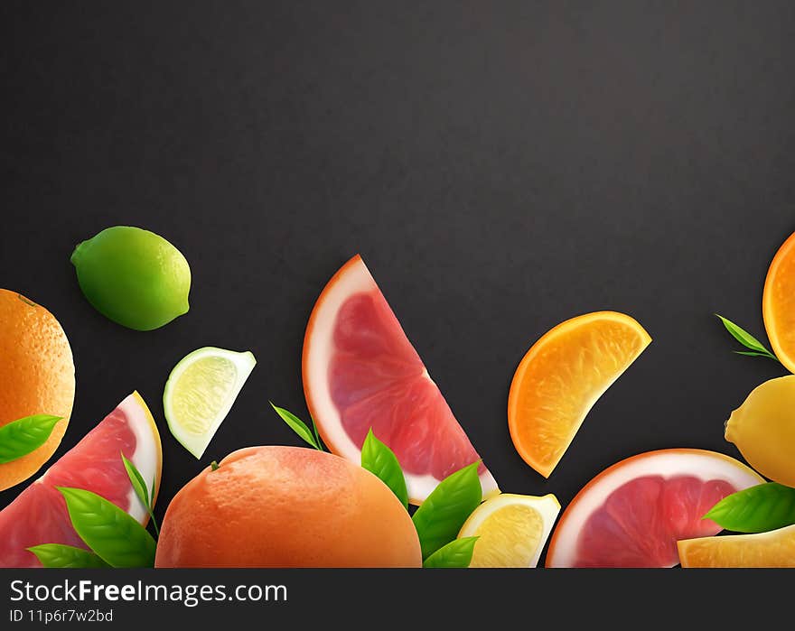 Citrus realistic black background with whole fruits and slices of fresh orange lemon and grapefruit vector illustration. Citrus realistic black background with whole fruits and slices of fresh orange lemon and grapefruit vector illustration