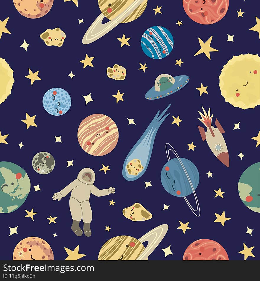 Seamless pattern of the planets of the Solar System in flat style. Pattern with planets and stars. Vector blue background, perfect for fabric, textile, wallpaper, wrap paper