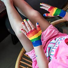 Child`s Hand With Painted Colourful Watercolour Sitting In Outdoor Stock Photo