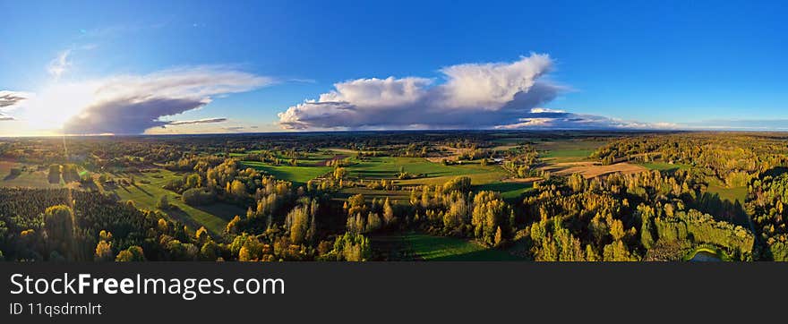 Autumn time nature park evening panorama, aerial view
