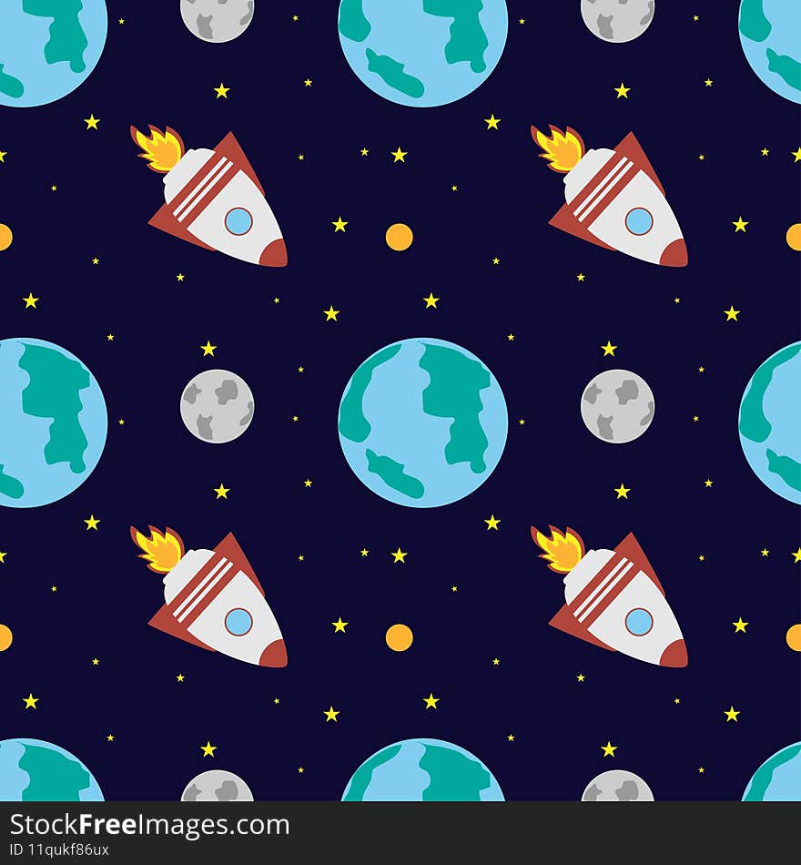 A space rocket flies near the earth and the moon on a dark blue background