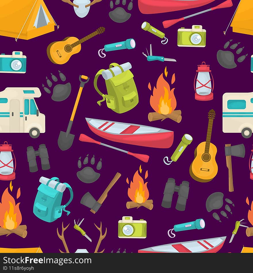Camping seamless pattern with lantern shovel binoculars tent backpack axe flashlight boat on purple background vector illustration