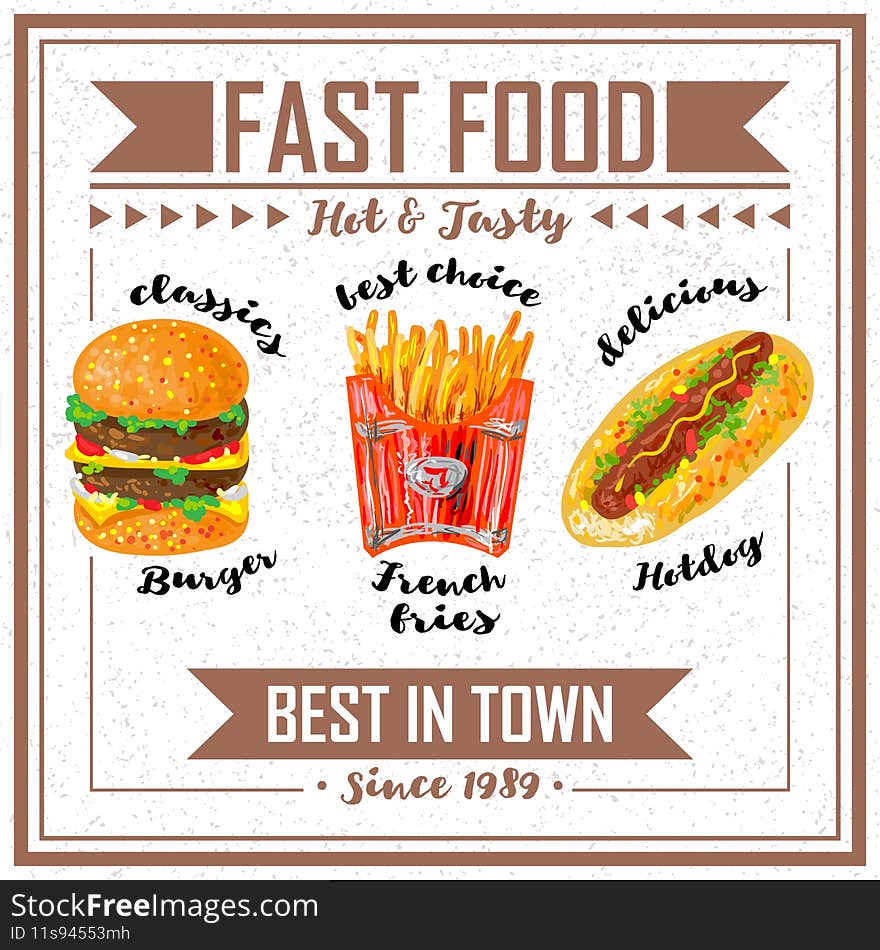 Fast food poster with title fast food hot and tasty best in town vector illustration