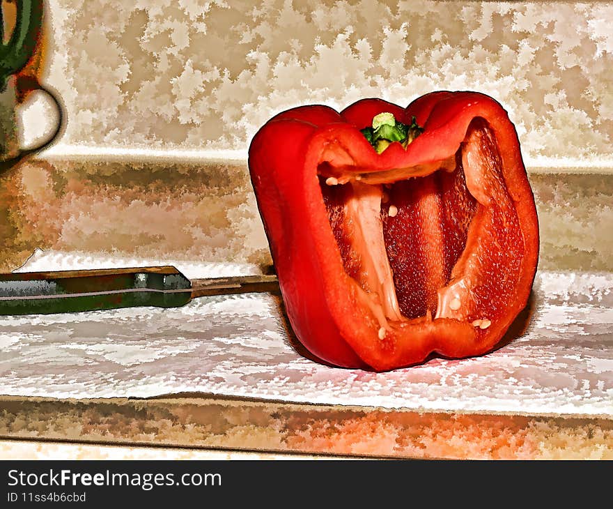 A cup red pepper in a kitchen counter