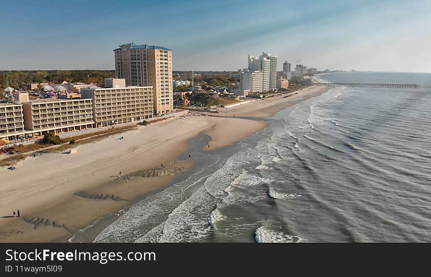 Panoramic aerial view of Myrtle Beach skylineon a sunny day from drone point of view, South Carolina