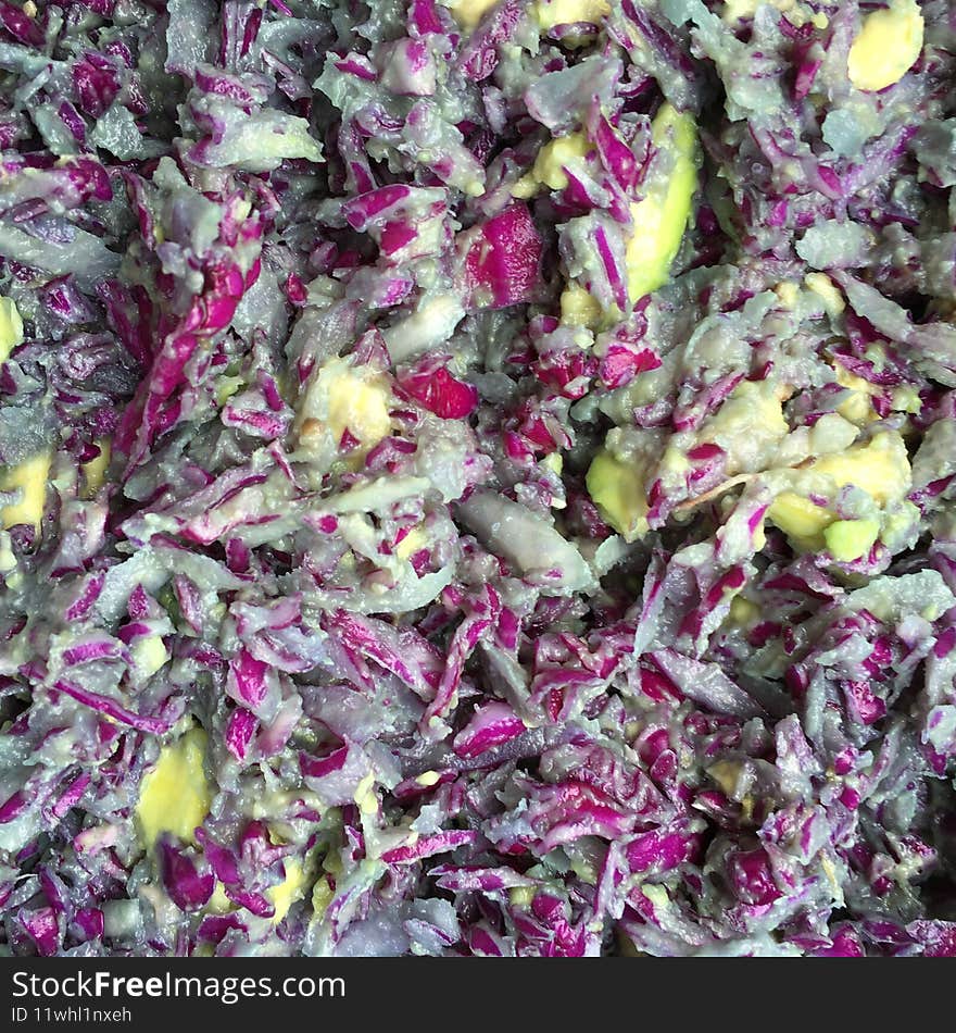 Purple Cabbage And Avocado Salad In Lihue On Kauai Island, Hawaii..