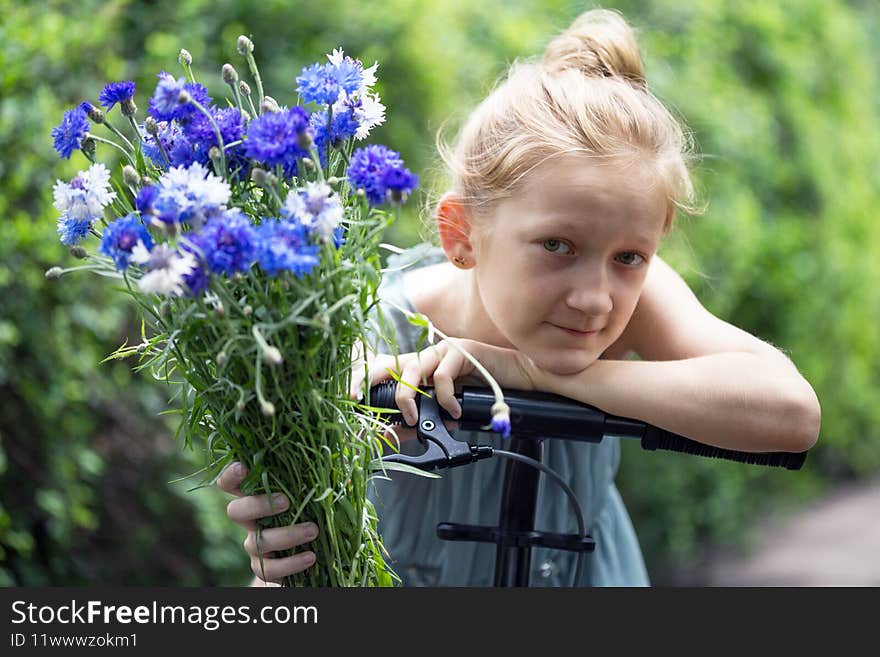 Spring mood. girl holding a bouquet of centaurea