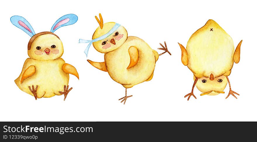 Set Of Watercolor Illustrations Of Little Cute Yellow Chickens