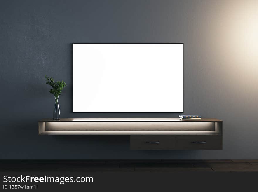 Blank white TV screen over stylish wooden console with dark background. 3D rendering, mock up