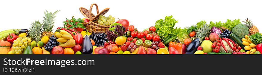 Big collection bright vegetables and fruits isolated on white background