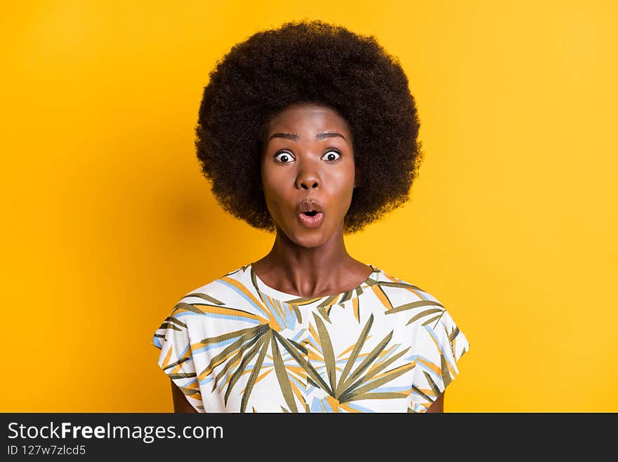 Close up photo of charming wavy hairdo girl open mouth staring disbelief isolated on vivid yellow color background.