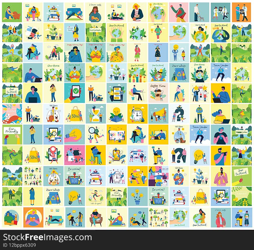 Vector illustration of Connection, Team leader, Online review, Time mamagement, Coworking space, Save the planet, Start up, Team work backgrounds