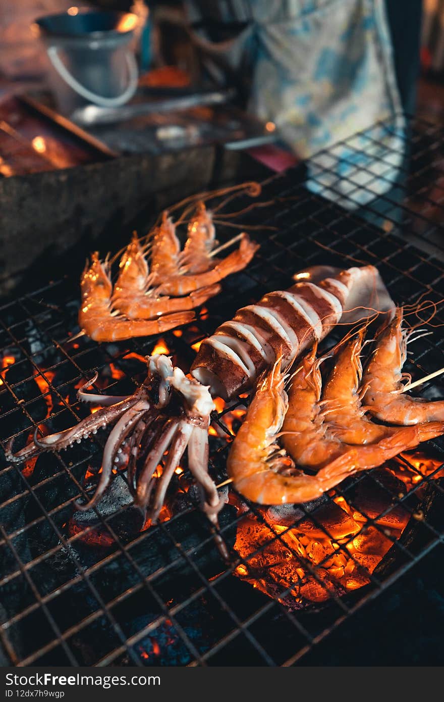 Seafood grilled on a street food
