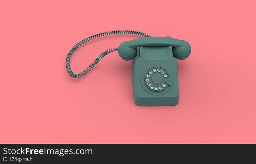Blue retro phone with dial isolated on pink background 3d render image. Blue retro phone with dial isolated on pink background 3d render image