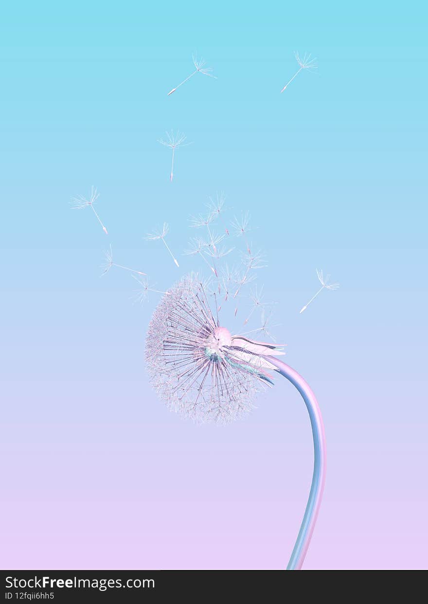 Pink blue dandelion particles fly up. 3d rendering