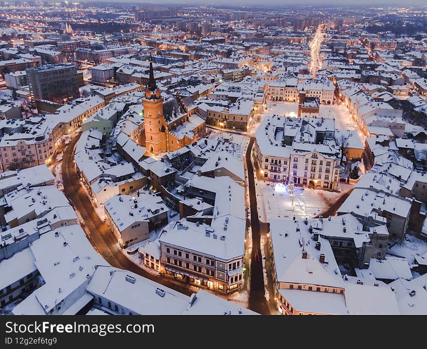 Tarnow at Blue Hour. Drone View from Above. Winter in the City. Lesser Poland Medieval Old Town Skyline