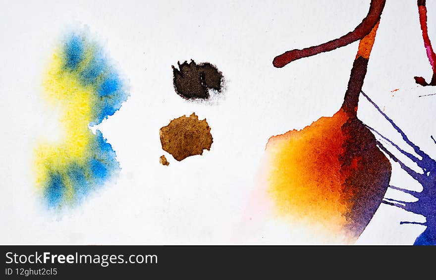 Bright Watercolor Blots On Watercolor Paper. Abstract Hand Drawn Backdrop. Colorful Abstract Watercolor Texture Stain Splashes And Spatters On White Background. Space For Text. Bitmap Illustration. Bright Watercolor Blots On Watercolor Paper. Abstract Hand Drawn Backdrop. Colorful Abstract Watercolor Texture Stain Splashes And Spatters On White Background. Space For Text. Bitmap Illustration